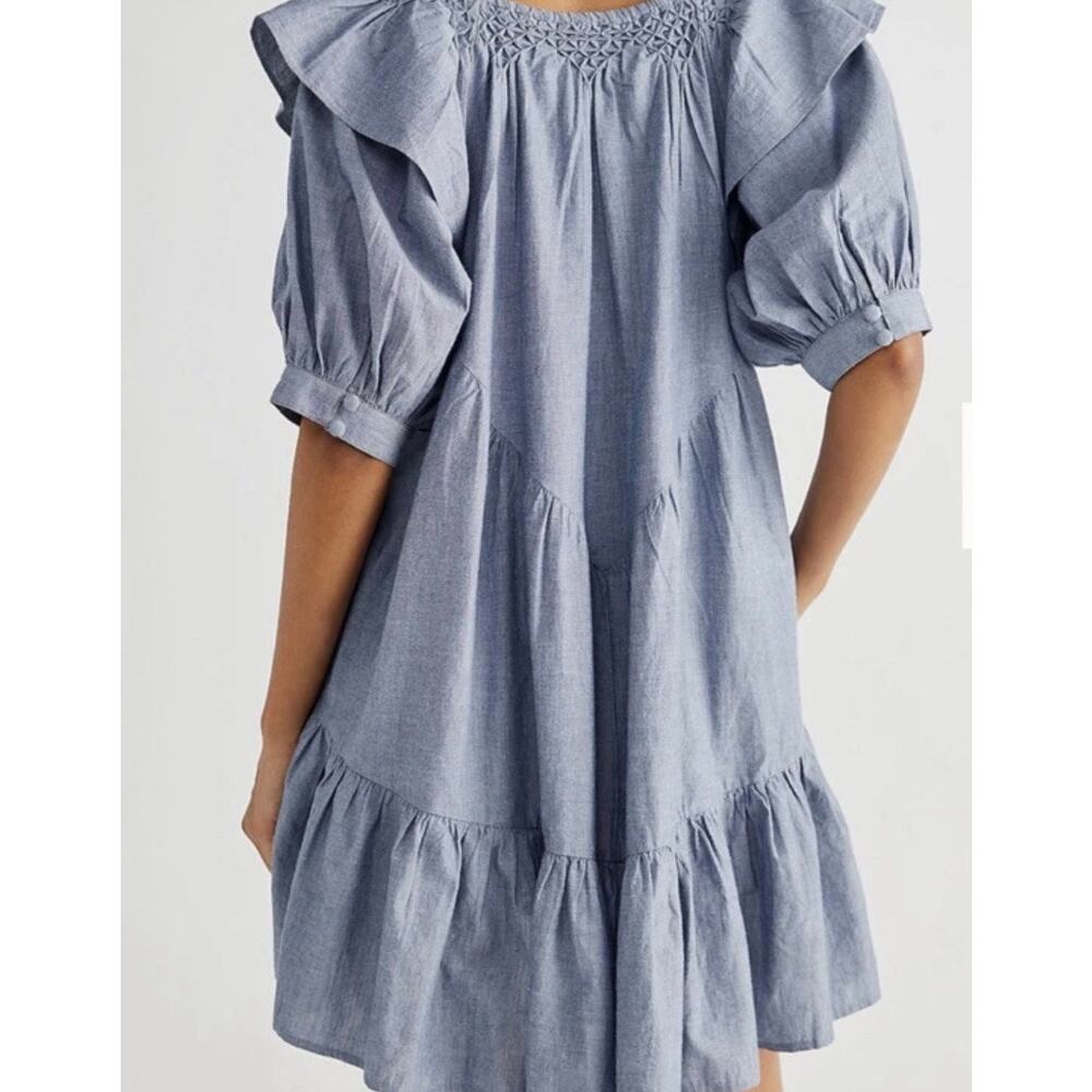 Free People Amelie Denim Mini Dress Blue Chambray Ruffle Puff Sleeve XS EUC - Picture 5 of 13